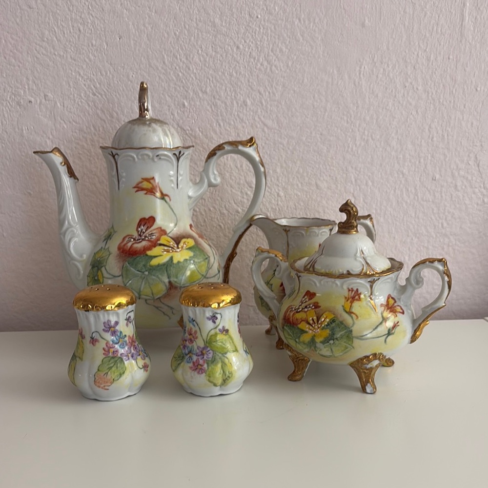 Vintage hand painted Floral Porcelain Tea Set with Gold Trim